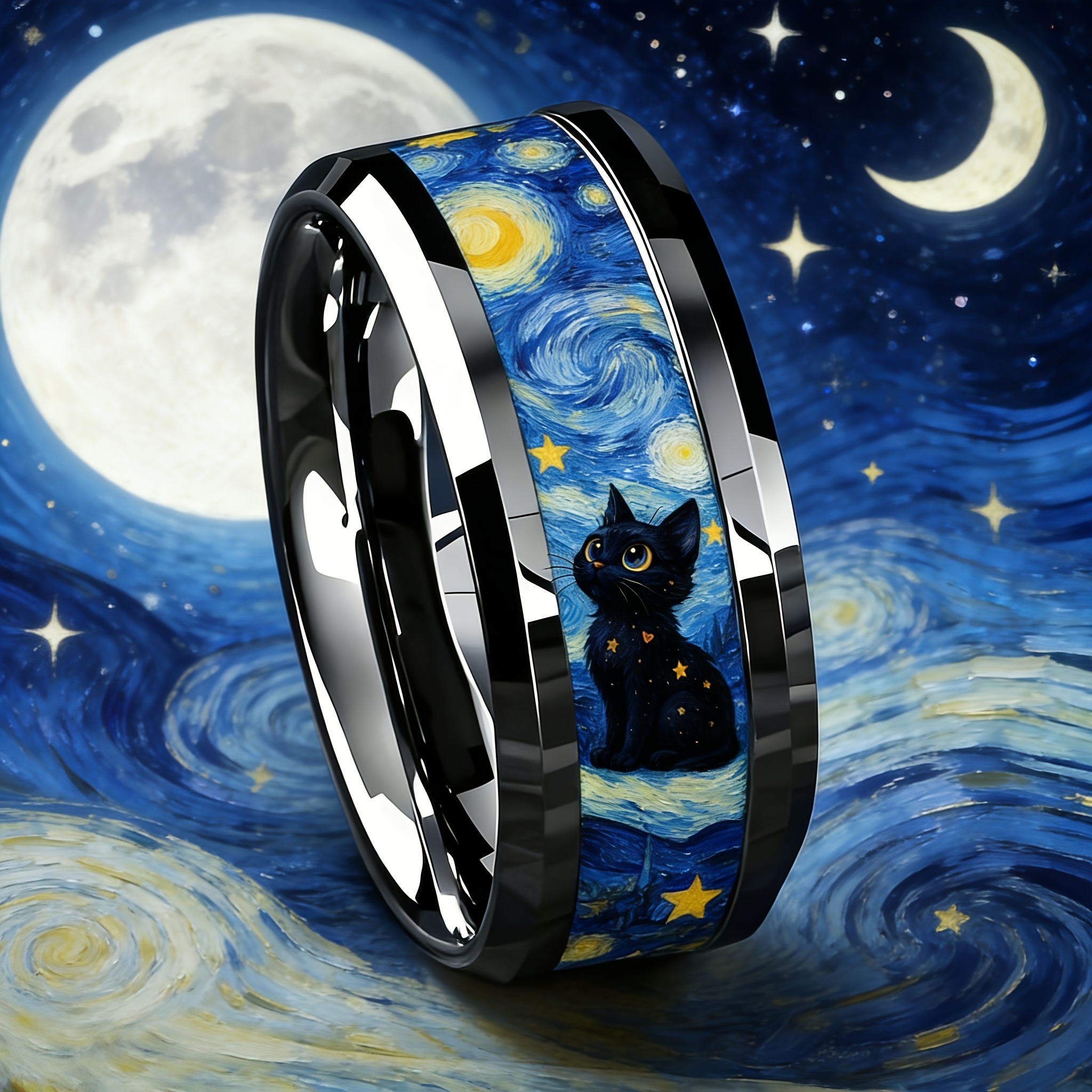 Van Gogh Starry Night Black Cat Titanium Steel Ring, Artistic Design